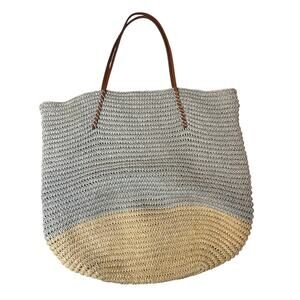 bujibaja Boho Straw Woven Boho Blue & Yellow Resort Style Tote W/ Leather Straps